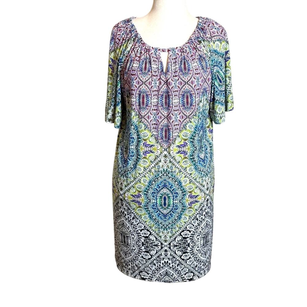 Chico's dress green blue black stretch knit short sleeve keyhole neck Sz 2 US L